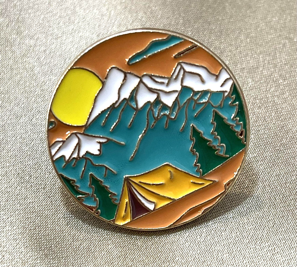 NWOT Multicolor Mountain Camping Lapel Pin Enamel Tent Trees Sun Outdoors Nature